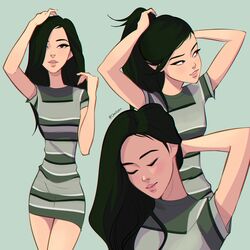  1girl absurdres adjusting_hair black_hair blackpink chalseu dress english_commentary green_background green_hair hair_over_one_eye hand_in_own_hair highres horizontal-striped_dress k-pop light_smile long_hair looking_at_viewer looking_to_the_side multiple_views pink_lips real_life rose_(blackpink) short_sleeves simple_background solo twitter_username 