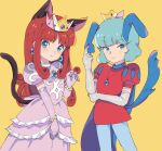  1boy 1girl animal_ears blue_hair bracelet cape cat_ears cat_tail crown dress earrings elbow_gloves fq75017 gloves gold_bracelet highres jewelry kemonomimi_mode leggings looking_at_viewer pink_dress pink_gloves prince_haru princess_shokora puffy_short_sleeves puffy_sleeves red_tunic redhead short_sleeves simple_background smile super_mario_bros. super_mario_bros.:_peach-hime_kyushutsu_dai_sakusen! tail wario_land wario_land_4 yellow_background 