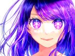  1girl commentary_request highres hoshino_ai_(oshi_no_ko) long_hair looking_at_viewer oshi_no_ko pink_lips purple_hair sanmou_mikari simple_background smile solo symbol-shaped_pupils violet_eyes white_background 
