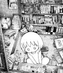  1girl action_figure bag bedroom book book_stack bookshelf box cardboard_box closed_mouth commentary_request crosshatching crumpled_paper cup cushion desk eraser from_above frown furrowed_brow godzilla godzilla_(series) greyscale hatching_(texture) highres indoors leaning_to_the_side long_sleeves looking_down manga_(object) messy_room monochrome nintendo_switch open_window original pants poster_(object) reading shirt short_hair sitting solo tatami tote_bag toy ultra_series ultraman ultraman_(1st_series) window yoshiaki_(yosiaki02) yunomi zabuton 