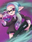 1girl bike_shorts blue_hair colored_tips commentary_request highres inkling inkling_girl inkling_player_character jet_squelcher_(splatoon) long_hair looking_at_viewer multicolored_hair nastar_r0 open_mouth pointy_ears purple_hair smile solo splatoon_(series) splatoon_3 standing sticker teeth tentacle_hair toxic_mist_(splatoon) two-tone_hair violet_eyes 