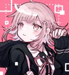  1girl black_jacket black_shirt blush brown_hair danganronpa_(series) danganronpa_2:_goodbye_despair dress_shirt galaga hair_ornament hood hood_down hooded_jacket ikemen&#039;na_ore-shi jacket long_sleeves looking_to_the_side medium_hair nanami_chiaki neck_ribbon open_clothes open_jacket pink_background pink_eyes pink_ribbon ribbon shirt solo white_background white_shirt 