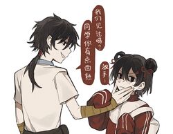  1boy 1girl :i anger_vein bandaged_arm bandages black_eyes black_hair cheek_squash chinese_commentary chinese_text commentary_request film_grain grin hair_between_eyes hair_bun hair_ribbon height_difference jacket li_yuting_(female) long_sleeves mole mole_under_eye pangcijun532 ponytail red_jacket red_pupils red_ribbon ribbon shirt short_hair short_sleeves simple_background single_hair_bun single_hair_ring sleeves_past_fingers sleeves_past_wrists smile touqi_guaitan translation_request white_background white_bag white_shirt ziche_fuzhao 