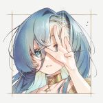  1girl 37_(reverse:1999) blue_eyes blue_hair gold_choker hair_between_eyes hand_over_eye hand_up long_hair looking_at_viewer open_hand parted_lips paxio44 portrait reverse:1999 solo white_background 