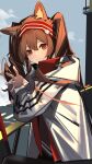  1girl absurdres angelina_(arknights) animal_ear_fluff animal_ears arknights blush breasts brown_hair chichi_guai coat day fox_ears fox_girl hair_between_eyes hairband highres hood hood_down infection_monitor_(arknights) jacket long_hair long_sleeves looking_at_viewer open_clothes outdoors red_eyes red_hairband smile solo twintails upper_body white_jacket 