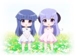  2girls :d arms_behind_back blue_bow blue_footwear blunt_bangs blush_stickers bow chibi commentary_request dress field flower flower_field furude_rika gaou_(babel) hanyuu higurashi_no_naku_koro_ni horns long_hair multiple_girls orange_flower own_hands_together pink_bow pleated_dress purple_hair sandals short_sleeves sleeveless sleeveless_dress smile standing sundress very_long_hair violet_eyes white_background white_dress white_flower 