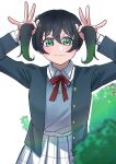 1girl absurdres black_hair black_jacket blush bush closed_mouth collared_shirt commentary_request gradient_hair green_eyes green_hair grey_vest hands_up highres jacket long_sleeves looking_at_viewer love_live! love_live!_nijigasaki_high_school_idol_club medium_hair multicolored_hair neck_ribbon nijigasaki_academy_school_uniform open_clothes open_jacket original over_flow99 plaid plaid_skirt playing_with_own_hair pleated_skirt red_ribbon ribbon school_uniform shirt skirt solo standing takasaki_yuu thai_commentary twintails upper_body vest white_shirt white_skirt winter_uniform