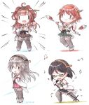  4girls black_hair black_skirt blush brown_hair brown_skirt chibi cup curry curry_rice detached_sleeves food green-framed_eyewear haruna_(kancolle) headgear hiei_(kancolle) highres holding holding_cup holding_microphone_stand japanese_clothes kantai_collection kirishima_(kancolle) kongou_(kancolle) long_hair microphone microphone_stand multiple_girls musical_note nontraditional_miko open_mouth plaid plaid_skirt pleated_skirt poipoi_purin ribbon-trimmed_sleeves ribbon_trim rice short_hair simple_background skirt thigh-highs wide_sleeves 
