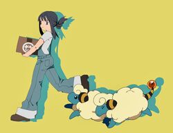  1girl black_eyes black_hair blue_overalls box brown_footwear cardboard_box closed_mouth drop_shadow folded_ponytail highres hikari_(pokemon) holding holding_box leg_up long_hair mareep miltank overalls pokemon pokemon_(creature) pokemon_dppt sheep shichibee_(stm_mimi) shirt shoes short_sleeves simple_background smile walking white_shirt yellow_background 