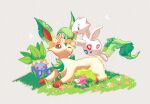  :d ^_^ bright_pupils brown_eyes closed_eyes closed_mouth commentary floating flower_wreath grey_background head_wreath highres leaf_(pixiv17652941) leafeon no_humans oddish on_grass one_eye_closed pokemon pokemon_(creature) red_eyes shaymin shaymin_(land) simple_background sitting smile symbol-only_commentary tail togetic white_pupils wings 