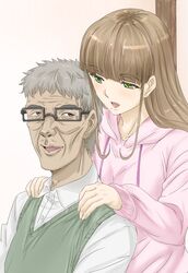  1boy 1girl brown-framed_eyewear brown_eyes brown_hair glasses green_eyes grey_hair highres indoors kosokosomaru_(higashi_taishi) long_hair miyazaki_yuu mole mole_under_mouth old old_man pink_shirt shirt sweater_vest upper_body white_shirt 