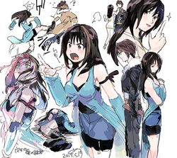  1girl 2boys black_hair blue_arm_warmers brown_eyes dress final_fantasy final_fantasy_viii irvine_kinneas kicking long_hair lying medu_(rubish) multiple_boys multiple_views on_side rinoa_heartilly sleeveless_duster sparkle squall_leonhart white_background white_dress 