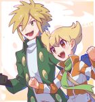  2boys :d artist_name barry_(pokemon) black_gloves blonde_hair clenched_hands coat father_and_son gloves green_coat green_scarf high_collar highres jacket long_sleeves multiple_boys omochi_(omotimotittona3) open_clothes open_coat orange_eyes palmer_(pokemon) pokemon pokemon_dppt pokemon_platinum scarf shirt short_hair smile striped_clothes striped_jacket teeth upper_teeth_only white_shirt yellow_eyes 