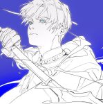  1boy 9mmbullet1 armor blue_background blue_eyes cape closed_mouth dimitri_alexandre_blaiddyd fire_emblem fire_emblem:_three_houses furrowed_brow garreg_mach_monastery_uniform glaring hair_between_eyes holding holding_polearm holding_weapon male_focus polearm simple_background solo thick_eyebrows upper_body weapon 