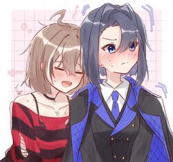  2girls :d ahoge black_choker black_coat black_hair black_sweater blue_eyes blue_necktie blush brown_hair choker closed_eyes coat coat_on_shoulders daikon_keroi drawn_heart dress_shirt emo_fashion hair_intakes hair_over_one_eye heart heart_choker highres hololive hololive_english jewelry mafia_(vocaloid) military_coat multiple_girls nanashi_mumei nanashi_mumei_(emo) necklace necktie official_alternate_costume official_alternate_hairstyle ouro_kronii red_sweater shirt short_hair simple_background smile spaghetti_strap striped_clothes striped_sweater sweat sweater torn_clothes torn_sweater two-tone_sweater virtual_youtuber white_shirt yuri 