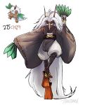  1boy absurdly_long_hair commentary full_body hand_fan holding holding_fan japanese_clothes long_hair male_focus mask personification pokemon pokemon_(creature) reference_inset shiftry signature simple_background tamtamdi tengu translated very_long_hair white_background white_hair wide_sleeves 