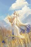  1girl absurdres arknights bare_shoulders blonde_hair blue_eyes blue_hair blue_horns blue_tail chinese_commentary closed_mouth commentary_request day dragon_girl dragon_horns dragon_tail field from_behind full_body guoziqiqi hair_between_eyes highres holding holding_plant horns light_smile long_hair looking_at_viewer looking_back multicolored_hair no_jacket outdoors plant sheaf shu_(arknights) skirt solo standing strapless sunlight tail tube_top turning_head very_long_hair wheat wheat_field white_hair white_horns white_skirt white_tail white_tube_top wind yellow_horns yellow_tail 