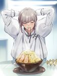 1boy adjusting_hair arms_up blush bowl closed_eyes closed_mouth facing_viewer fate/grand_order fate_(series) food grey_hair highres juliet_sleeves long_sleeves male_focus mouth_hold noodles oberon_(fate) plate puffy_sleeves ramen sausu_hitori solo sweat table 