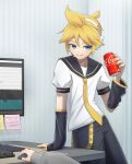  1boy 1other ambiguous_gender aqua_eyes arm_support ataraii_moyasi black_arm_warmers black_pants black_sailor_collar blonde_hair can coca-cola commentary computer drink_can grin hand_on_table highres holding holding_can indoors kagamine_len keyboard_(computer) looking_at_viewer male_focus master_(vocaloid) monitor mouse_(computer) nail_polish necktie pants sailor_collar school_uniform shirt short_ponytail short_sleeves smile soda_can solo_focus spiky_hair sticky_note vocaloid white_shirt yellow_nails yellow_necktie 