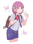  1girl ;) backpack bag brown_eyes closed_mouth collared_shirt commentary_request gloves highres hinoyama_kou lacey_(pokemon) looking_at_viewer naranja_academy_school_uniform necktie one_eye_closed partially_fingerless_gloves pink_hair pokemon pokemon_sv purple_necktie purple_shorts red_gloves school_uniform shirt short_hair short_sleeves shorts single_glove smile solo v white_background white_shirt 