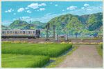  artist_name blue_sky bush clouds commentary_request day east_japan_railway_company field forest grass hill house mountain mugumo_24k nature no_humans original outdoors overhead_line power_lines revision road scenery signature sky tochigi_prefecture train transmission_tower utility_pole village 
