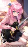  1girl artist_name barefoot blue_eyes bocchi_the_rock! commentary cube_hair_ornament electric_guitar feet fujima_takuya full_body gotoh_hitori grey_skirt guitar hair_ornament holding holding_guitar holding_instrument indoors instrument long_hair music on_bed pink_hair pink_track_suit playing_instrument sitting skirt solo toes wariza window 