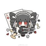  1girl ace_(playing_card) ace_of_hearts artist_name black_hair black_jacket black_ribbon black_skirt black_socks blazer blush_stickers bow card celestia_ludenberg chibi club_(shape) collared_jacket collared_shirt commission danganronpa:_trigger_happy_havoc danganronpa_(series) diamond_(shape) dice drill_hair flat_color frilled_hairband frilled_jacket frilled_skirt frilled_sleeves frilled_socks frills hair_bow hairband heart highres jacket kneehighs lapels lolita_hairband long_hair long_sleeves looking_at_viewer mary_janes medium_skirt muko_com neck_ribbon necktie no_mouth notched_lapels open_clothes open_jacket planet_earrings playing_card red_eyes red_footwear red_necktie ribbon ribbon_legwear shirt shoes simple_background skirt skirt_set sleeve_ribbon sleeves_past_fingers sleeves_past_wrists socks solo spade_(shape) straight-on twin_drills twintails very_long_hair weibo_watermark white_background white_bow white_hairband white_ribbon white_shirt 