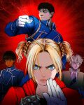  2boys 2girls aiguillette amestris_military_uniform arms_at_sides automail belt berserk black_hair blonde_hair blue_eyes blue_jacket blue_pants braid casca_(berserk) closed_mouth cosplay dark-skinned_female dark_skin edward_elric edward_elric_(cosplay) electricity emphasis_lines farnese_(berserk) fighting_stance frown fullmetal_alchemist gloves grey_hair guts_(berserk) hand_in_pocket hands_up highres jacket ling_yao ling_yao_(cosplay) lips long_sleeves looking_at_viewer mechanical_hands military_uniform multiple_boys multiple_girls nisino2222 pants red_background red_jacket riza_hawkeye riza_hawkeye_(cosplay) roy_mustang roy_mustang_(cosplay) scar scar_on_face scar_on_nose serpico_(berserk) short_hair sideways_glance sigh simple_background single_mechanical_hand spiky_hair twintails uniform white_gloves white_pants yellow_jacket 