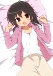 1girl :d ahoge black_hair blush brown_eyes brown_skirt character_request collarbone commentary copyright_request cowboy_shot curakuru from_above hair_down head_on_pillow highres jacket looking_at_viewer on_bed open_clothes open_jacket open_mouth pink_jacket shirt skirt smile solo white_shirt 