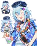 1boy :&gt; arknights beret black_hat blue_hair blue_jacket blue_shirt chibi closed_eyes commentary cup earrings flower flower_necklace full_body gradient_hair handheld_game_console hat holding holding_cup holding_handheld_game_console infection_monitor_(arknights) jacket jellyfish_hair_ornament jewelry lei light_blue_hair looking_at_viewer looking_down male_focus mizuki_(arknights) mizuki_(summer_feast)_(arknights) multicolored_hair multiple_views nervous open_clothes open_jacket open_mouth pink_eyes shan_(ti0n) shirt short_sleeves simple_background sitting_on_tentacle smile striped_clothes striped_shirt tentacles upper_body white_background white_shirt 