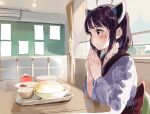  1girl ahoge black_hair blush cafeteria closed_mouth curtains food japanese_clothes kimono lamb_(hitsujiniku) milk_carton obi own_hands_together sash solo table touhoku_kiritan tray twintails violet_eyes voiceroid window 