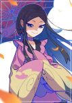  1girl black_hair choker closed_mouth falling_leaves highres holding holding_umbrella japanese_clothes kimono leaf long_hair long_sleeves looking_at_viewer omochi_(omotimotittona3) pink_kimono pokemon pokemon_xy purple_choker sleeves_past_fingers sleeves_past_wrists smile solo umbrella valerie_(pokemon) violet_eyes white_background wide_sleeves 