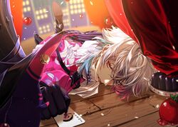  1boy absurdres bishounen black_gloves blue_eyes blue_hair blurry blurry_background boots card coat confetti creature crescent_(cgcrescent) diamond_choker english_commentary eyelashes eyeshadow fallen_down floral_print gavis_bettel gavis_bettel_(1st_costume) gloves grey_hair hair_between_eyes hat heterochromia high_heel_boots high_heels highres holostars holostars_english joker_(playing_card) light_particles lily_print lipgloss looking_at_viewer makeup male_focus medium_hair multicolored_coat multicolored_hair on_floor parted_lips phantom_(gavis_bettel) pink_eyes pink_eyeshadow pink_hair pink_lips playing_card red_curtains scarf solo striped_coat sweat tomato top_hat unworn_hat unworn_headwear vertical-striped_coat virtual_youtuber white_scarf 