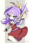  1girl :/ absurdres belt breasts chibi commentary_request cropped_legs dotaku_(wran8845) dress eyes_visible_through_hair grey_background hair_between_eyes hair_ribbon high_ponytail highres holding holding_sword holding_weapon katana long_hair looking_at_viewer medium_breasts outstretched_arm purple_hair red_dress ribbon serious simple_background solo sword touhou v-shaped_eyebrows very_long_hair violet_eyes watatsuki_no_yorihime weapon yellow_ribbon 