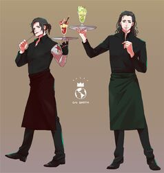  2boys alternate_costume apron black_footwear black_gloves black_hair black_pants black_shirt brown_background closed_mouth collared_shirt crown_(symbol) cup drink drinking_glass earth_symbol fingerless_gloves food full_body gloves green_apron green_eyes grey_eyes hands_up highres holding holding_spoon holding_tray ice_cream ice_cream_float james_buchanan_barnes loki_(marvel) long_sleeves looking_at_viewer male_focus marvel marvel_cinematic_universe medium_hair mochishio multiple_boys pants ponytail prosthesis prosthetic_arm red_apron shirt shoes short_hair short_ponytail sidelocks simple_background single_glove smile spoon standing star_(symbol) tray utensil_in_mouth wavy_hair 