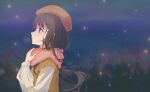  1girl black_hair blurry blurry_background brown_hat brown_sweater_vest commentary_request from_side hand_up hat highres inoue_takina long_hair long_sleeves lycoris_recoil night outdoors parted_lips pink_scarf profile rokilly scarf shirt solo sweater_vest upper_body violet_eyes white_shirt 
