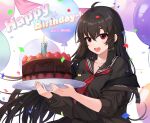  1girl artist_request birthday_cake black_hair black_serafuku blush cake food highres holding holding_plate iris_yuma jacket long_hair looking_at_viewer necktie non-web_source official_style open_clothes open_jacket open_mouth plate red_eyes school_uniform serafuku solo soulworker source_request 