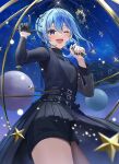  1girl ;d absurdres belt black_belt black_gloves black_nails blue_eyes blue_hair floating_hair gloves half_gloves highres holding holding_microphone hololive hoshimachi_suisei hoshimachi_suisei_(shout_in_crisis) index_finger_raised looking_at_viewer microphone nakaneabura8623 official_alternate_costume one_eye_closed open_mouth revision short_shorts shorts single_glove single_half_glove sky smile solo star_(sky) star_(symbol) star_in_eye starry_sky symbol_in_eye thighs virtual_youtuber 