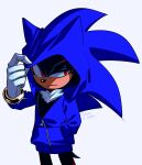  1boy adjusting_clothes blue_hoodie commentary frown furry furry_male hand_in_pocket highres hood hoodie hyeon_sonic male_focus red_eyes shadow_the_hedgehog simple_background solo symbol-only_commentary white_background 