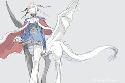  1boy ascot blue_coat blue_eyes cape centauroid coat commentary_request crown dragon_boy dragon_horns dragon_wings feet_out_of_frame grey_background highres horns hotathino long_sleeves looking_at_viewer male_focus monster_boy multiple_horns original red_cape short_hair simple_background solo standing taur white_ascot white_hair wings 