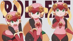  1girl 3suisousui black_bodysuit blonde_hair bodysuit character_name green_eyes grey_background heart helmet highres leotard long_hair mega_man_(series) mega_man_battle_network_(series) multiple_views open_mouth pink_helmet pink_leotard roll.exe_(mega_man) simple_background smile teeth tongue upper_teeth_only 