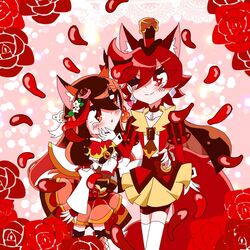  2girls a_la_mode_mahou_shoujo_precure_evoluting animal_ear_fluff animal_ears arm_ribbon ascot belt bike_shorts_under_skirt black_belt black_ribbon blowing_kiss bodysuit braided_hair_rings brown_bodysuit brown_cape brown_eyes brown_hair cape capelet color_connection crimson_fingerless_gloves cure_chocolat cure_fondente dark_chocolate dog_ears dog_girl dog_tail earrings ery2010akieri falling_petals fishnet_thighhighs fishnets flower fox_ears fox_girl gloves hat jewelry kedakakino_erika kenjou_akira kirakira_precure_a_la_mode mini_hat multiple_girls petals precure red_background red_flower red_rose ribbon rose rose_petals tail thigh-highs top_hat white_ascot white_gloves white_thighhighs wrist_cuffs yellow_ascot yuri zettai_ryouiki 