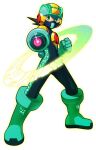  1boy aiming aiming_at_viewer arm_cannon bodysuit brown_hair full_body glowing green_bodysuit green_eyes green_footwear green_helmet hi-go! male_focus mask mega_buster mega_man_(series) mega_man_battle_network_(series) megaman.exe mouth_mask neon_trim short_hair simple_background solo spiky_hair weapon white_background 