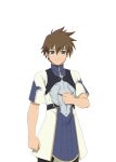  1boy allen_(tales) blue_eyes brown_hair chest_armor clenched_hands cowboy_shot hair_between_eyes hand_on_own_chest looking_at_viewer male_focus official_art short_hair short_sleeves smile solo tales_of_(series) tales_of_asteria tales_of_link transparent_background 