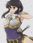  1girl arched_back armor armpits belt black_hair breastplate fire_emblem fire_emblem:_genealogy_of_the_holy_war gloves holding holding_sword holding_weapon larcei_(fire_emblem) open_mouth purple_tunic shoulder_armor sidelocks simple_background solo sword tekology tomboy tunic weapon 