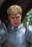  1boy armor artist_name blonde_hair blurry blurry_background brown_eyes closed_mouth dungeon_meshi hashtag-only_commentary highres kaidenchii laios_touden looking_to_the_side male_focus outdoors pauldrons realistic short_hair shoulder_armor solo undercut upper_body very_short_hair 