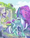 absurdres ayipee blue_skin broken_pillar closed_mouth clouds colored_skin day highres long_hair no_humans outdoors pokemon pokemon_(creature) purple_hair red_eyes ribbon river rock signature stone_pillar suicune unown very_long_hair water 