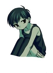  1boy antenna_hair bare_arms bare_shoulders black_eyes black_hair black_socks black_tank_top closed_mouth collarbone colored_skin cropped_legs empty_eyes hair_behind_ear highres hunched_over knees_up looking_to_the_side male_focus menma_(enaic31) no_pupils omori omori_(omori) over-kneehighs shorts simple_background sitting socks solo striped_clothes striped_shorts tank_top thigh-highs vertical-striped_clothes vertical-striped_shorts white_background white_shorts white_skin 