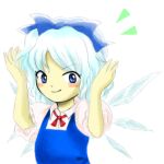  1girl blue_bow blue_eyes blue_hair bow cirno closed_mouth fairy hair_bow hands_up ice ice_wings light_blue_hair lowres medinki neck_ribbon official_style puffy_short_sleeves puffy_sleeves red_ribbon ribbon short_hair short_sleeves smile solo touhou upper_body wings zun_(style) 
