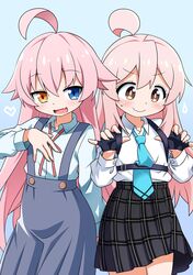  2girls ahoge akou_roushi blue_archive blue_eyes blush cosplay costume_switch fang fingerless_gloves genderswap genderswap_(mtf) gloves heart heterochromia highres hoshino_(blue_archive) hoshino_(blue_archive)_(cosplay) long_sleeves look-alike looking_at_viewer looking_down multiple_girls neck_ribbon necktie onii-chan_wa_oshimai! open_mouth orange_eyes oyama_mahiro oyama_mahiro_(cosplay) pink_hair plaid_clothes plaid_skirt ribbon school_uniform skirt smile suspender_skirt suspenders sweatdrop wavy_mouth yellow_eyes 